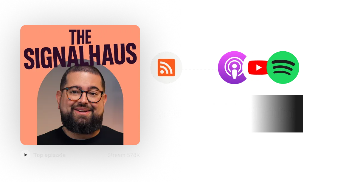 Podcast cover for The Signalhaus featuring a smiling man with glasses and a beard, along with icons for RSS, Apple Podcasts, YouTube, and Spotify.